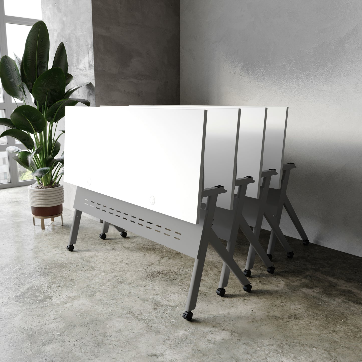 Davis Commercial Grade 60" x 24" Heavy-Duty Nesting Flip Training Table with Y-Legs, Modesty Panel, 1" Thick White Tabletop, and Gray Steel Frame White Top/Gray Frame