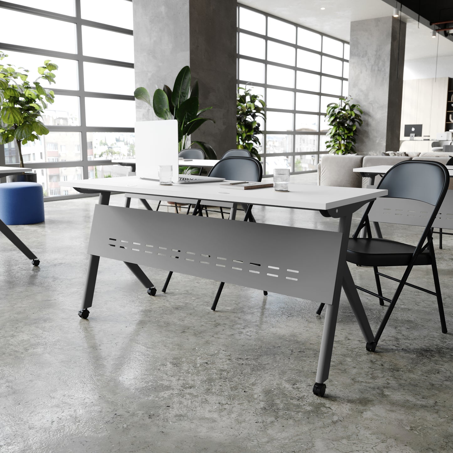 Davis Commercial Grade 60" x 24" Heavy-Duty Nesting Flip Training Table with Y-Legs, Modesty Panel, 1" Thick White Tabletop, and Gray Steel Frame White Top/Gray Frame