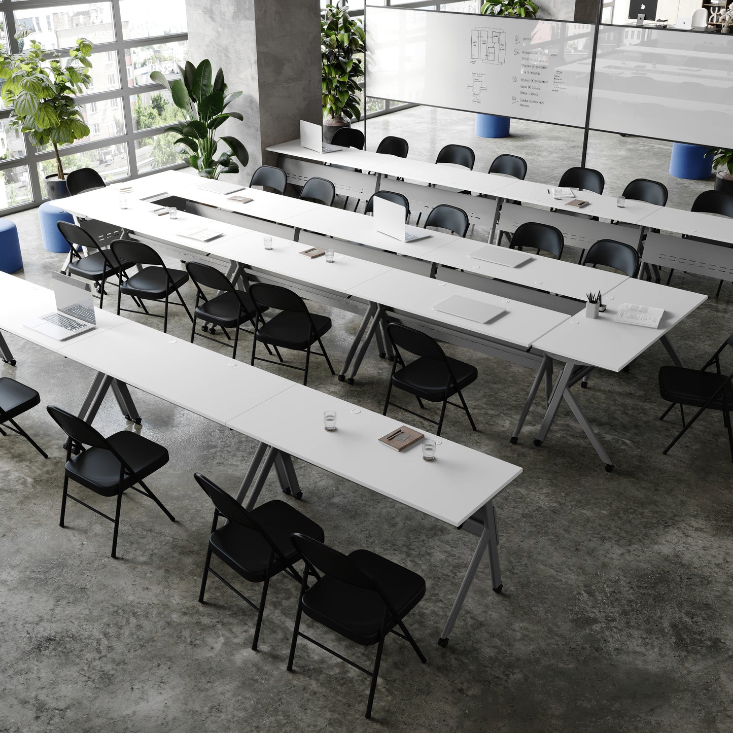 Davis Commercial Grade 60" x 24" Heavy-Duty Nesting Flip Training Table with Y-Legs, Modesty Panel, 1" Thick White Tabletop, and Gray Steel Frame White Top/Gray Frame