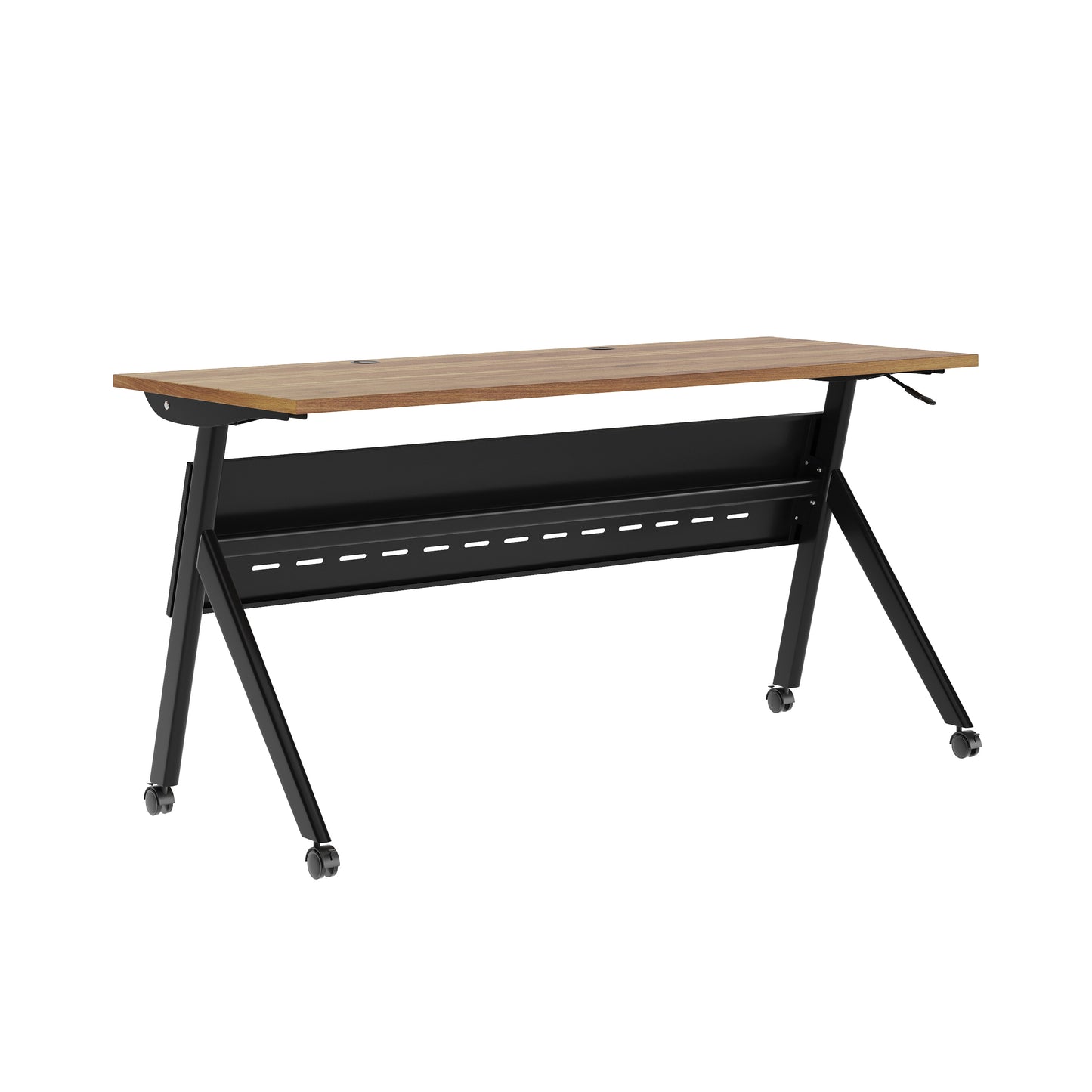 Davis Commercial Grade 60" x 24" Heavy-Duty Nesting Flip Training Table with Y-Legs, Modesty Panel, 1" Thick Walnut Tabletop, and Black Steel Frame Walnut Top/Black Frame