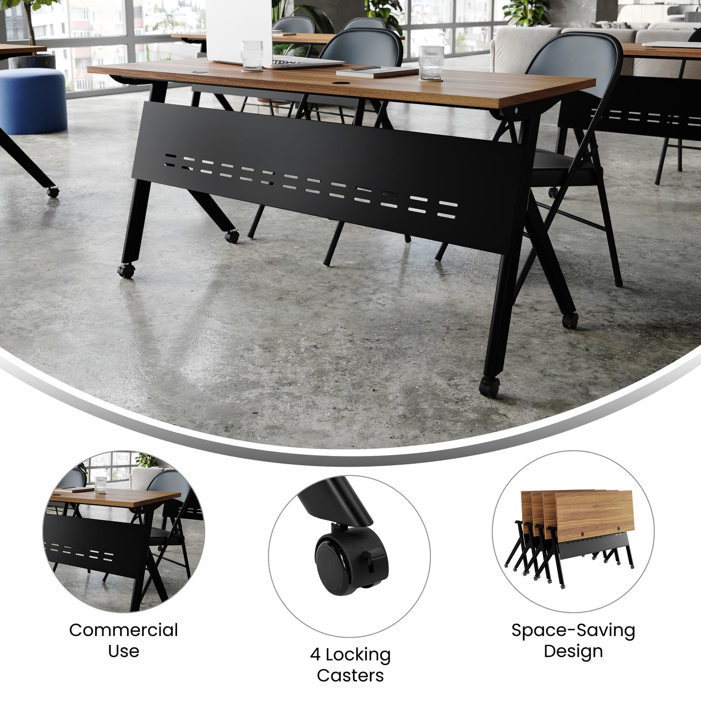 Davis Commercial Grade 60" x 24" Heavy-Duty Nesting Flip Training Table with Y-Legs, Modesty Panel, 1" Thick Walnut Tabletop, and Black Steel Frame Walnut Top/Black Frame