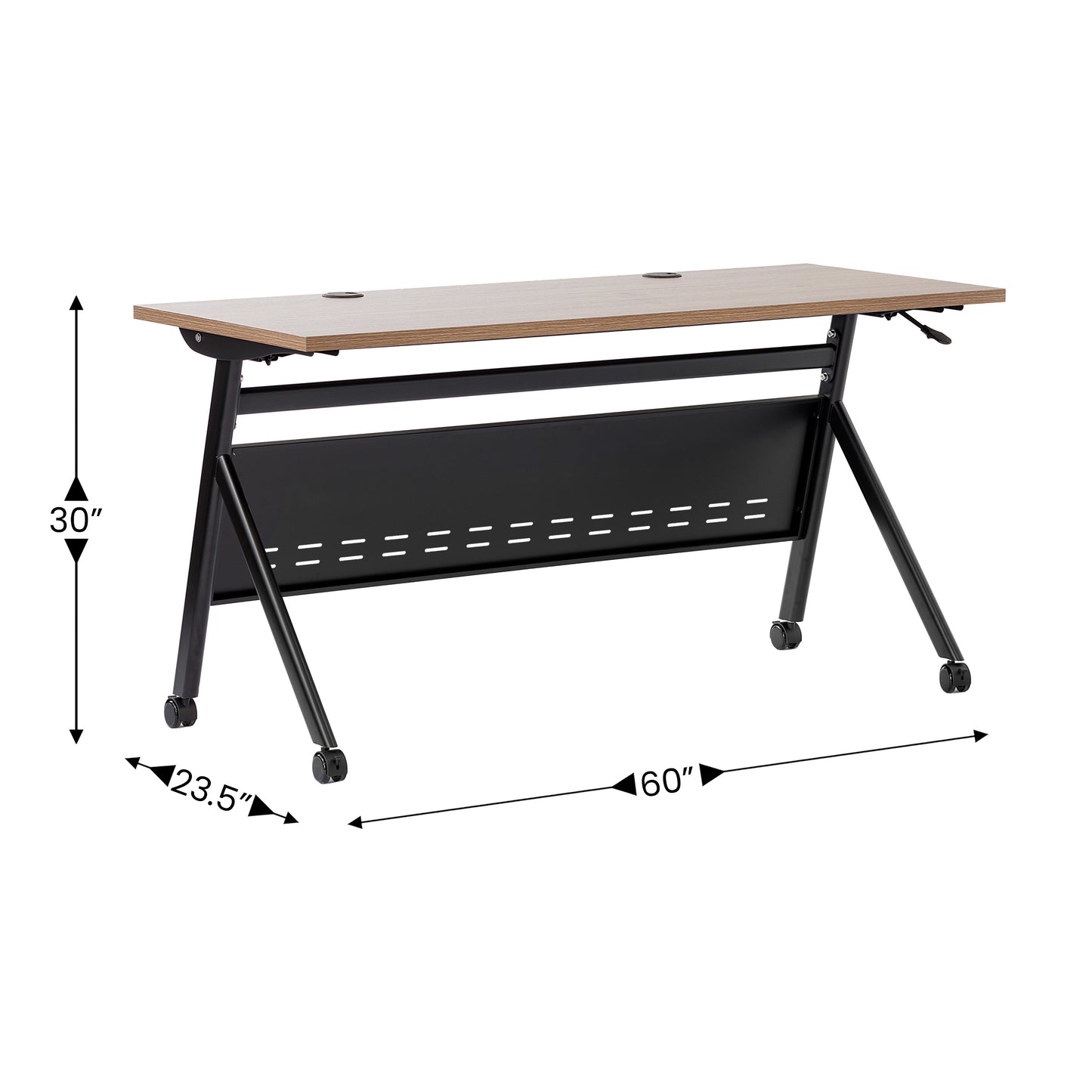 Davis Commercial Grade 60" x 24" Heavy-Duty Nesting Flip Training Table with Y-Legs, Modesty Panel, 1" Thick Walnut Tabletop, and Black Steel Frame Walnut Top/Black Frame