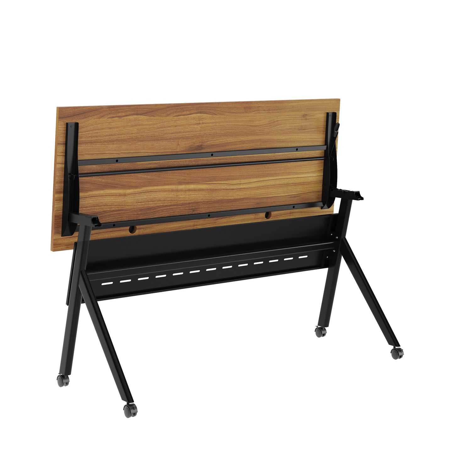 Davis Commercial Grade 60" x 24" Heavy-Duty Nesting Flip Training Table with Y-Legs, Modesty Panel, 1" Thick Walnut Tabletop, and Black Steel Frame Walnut Top/Black Frame