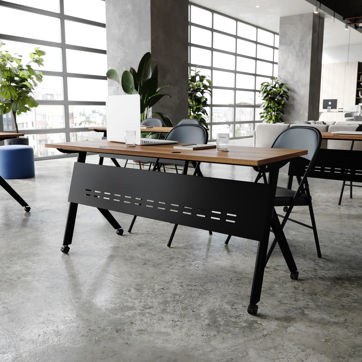 Davis Commercial Grade 60" x 24" Heavy-Duty Nesting Flip Training Table with Y-Legs, Modesty Panel, 1" Thick Walnut Tabletop, and Black Steel Frame Walnut Top/Black Frame