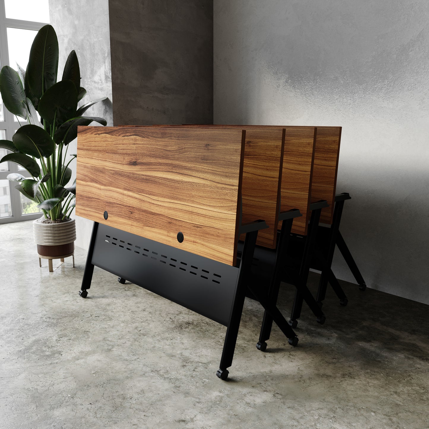 Davis Commercial Grade 60" x 24" Heavy-Duty Nesting Flip Training Table with Y-Legs, Modesty Panel, 1" Thick Walnut Tabletop, and Black Steel Frame Walnut Top/Black Frame