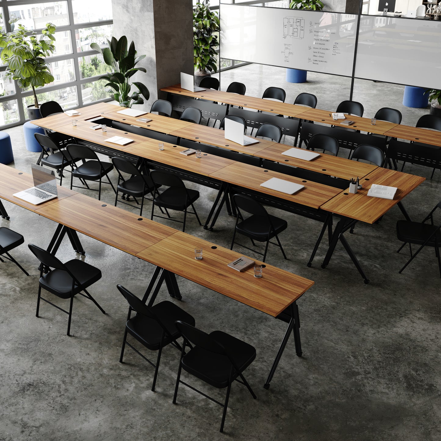 Davis Commercial Grade 60" x 24" Heavy-Duty Nesting Flip Training Table with Y-Legs, Modesty Panel, 1" Thick Walnut Tabletop, and Black Steel Frame Walnut Top/Black Frame
