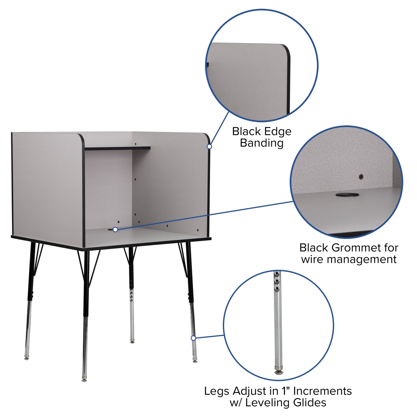 Justin Stand-Alone Study Carrel with Top Shelf - Height Adjustable Legs and Wire Management Grommet - Nebula Grey Finish Nebula Grey