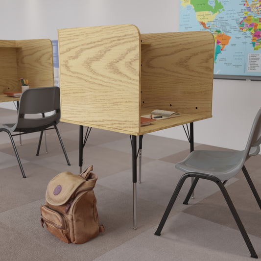 Justin Stand-Alone Study Carrel with Top Shelf - Height Adjustable Legs and Wire Management Grommet - Oak Finish Oak