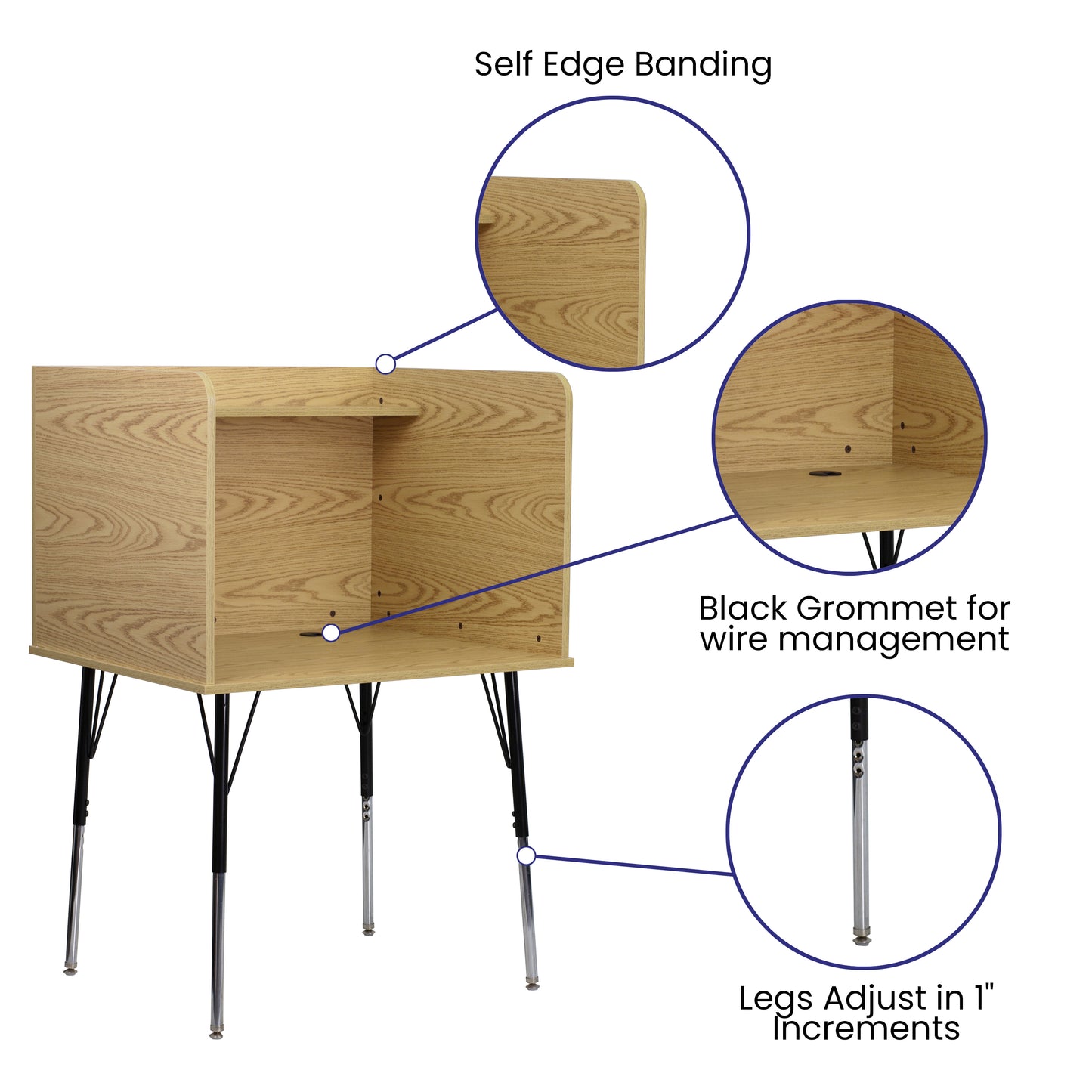 Justin Stand-Alone Study Carrel with Top Shelf - Height Adjustable Legs and Wire Management Grommet - Oak Finish Oak