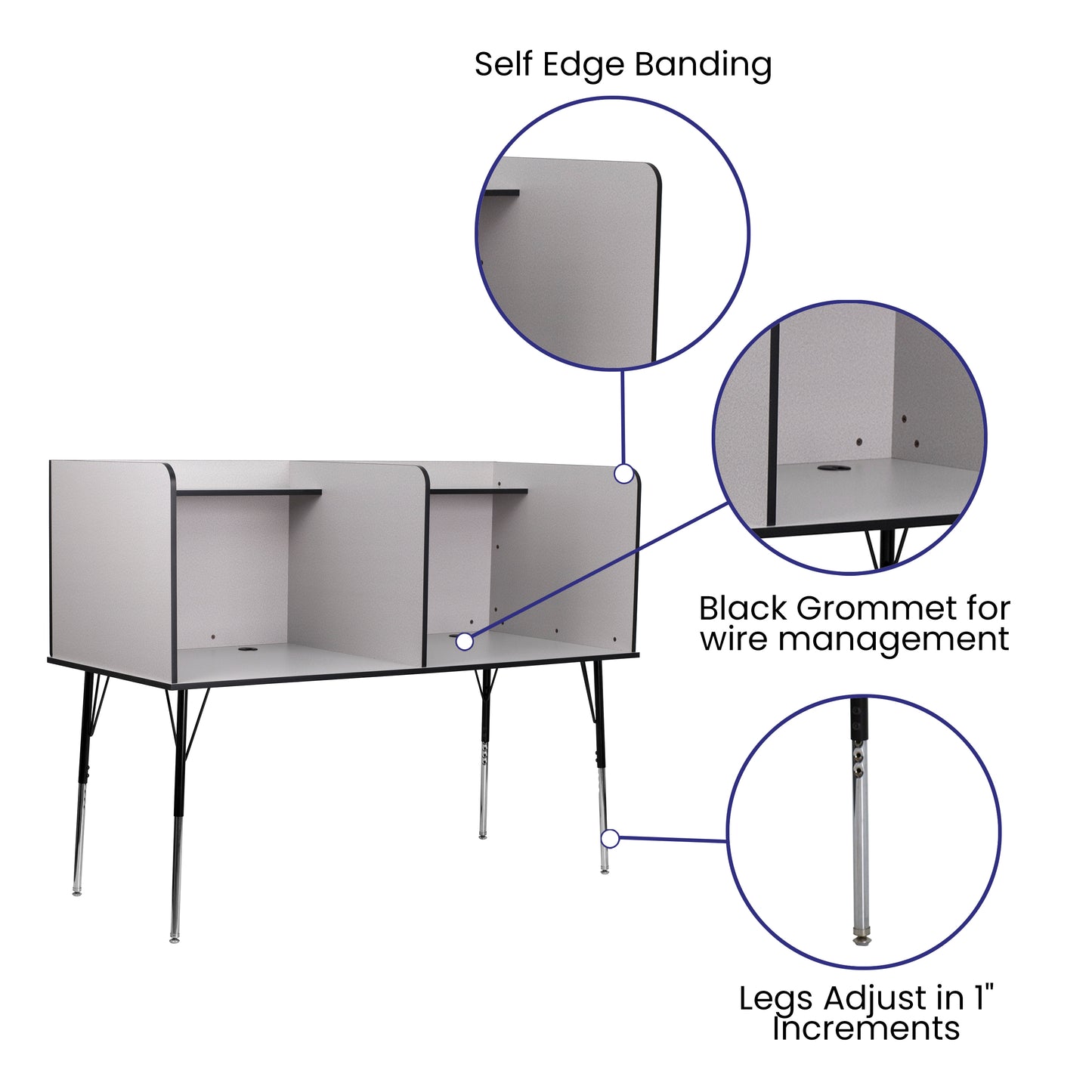 Michael Stand-Alone Double Study Carrel with Top Shelf - Height Adjustable Legs and Wire Management Grommet - Nebula Grey Finish Nebula Grey MT-M6222-DBLSC-GRY-GG