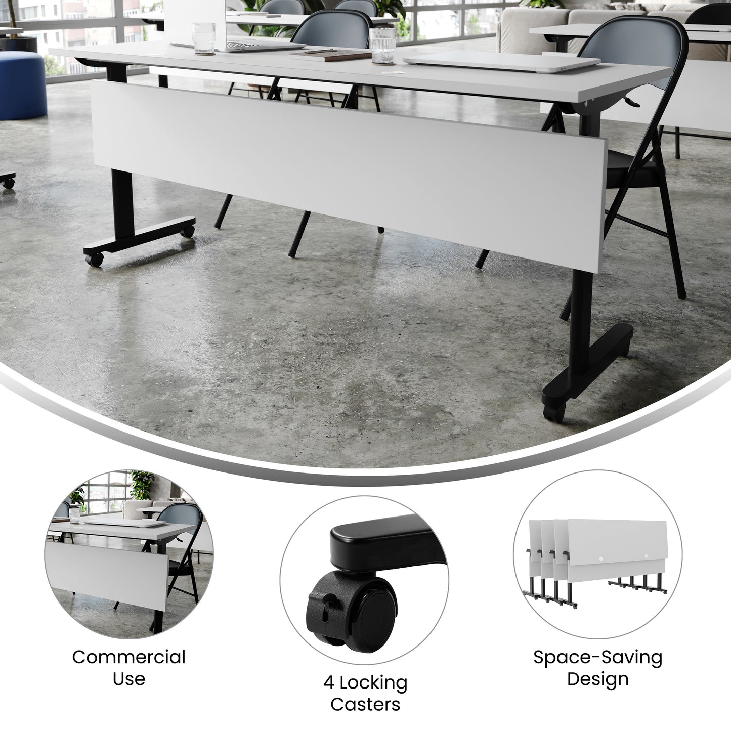 Palmer Commercial Grade 72" x 24" Heavy-Duty Nesting Flip Training Table with T-Legs, Modesty Panel, 1" Thick Gray Tabletop, and Black Steel Frame Gray Top/Black Frame