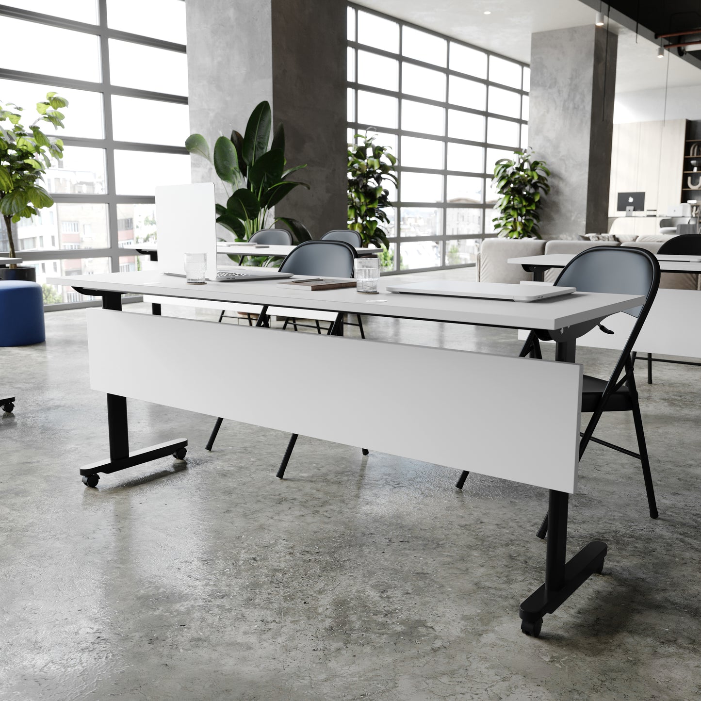 Palmer Commercial Grade 72" x 24" Heavy-Duty Nesting Flip Training Table with T-Legs, Modesty Panel, 1" Thick Gray Tabletop, and Black Steel Frame Gray Top/Black Frame