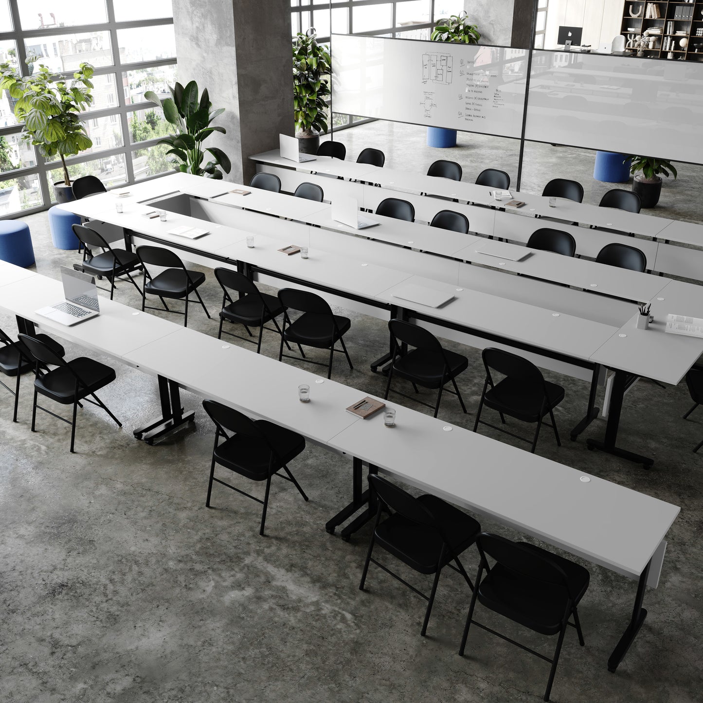 Palmer Commercial Grade 72" x 24" Heavy-Duty Nesting Flip Training Table with T-Legs, Modesty Panel, 1" Thick Gray Tabletop, and Black Steel Frame Gray Top/Black Frame