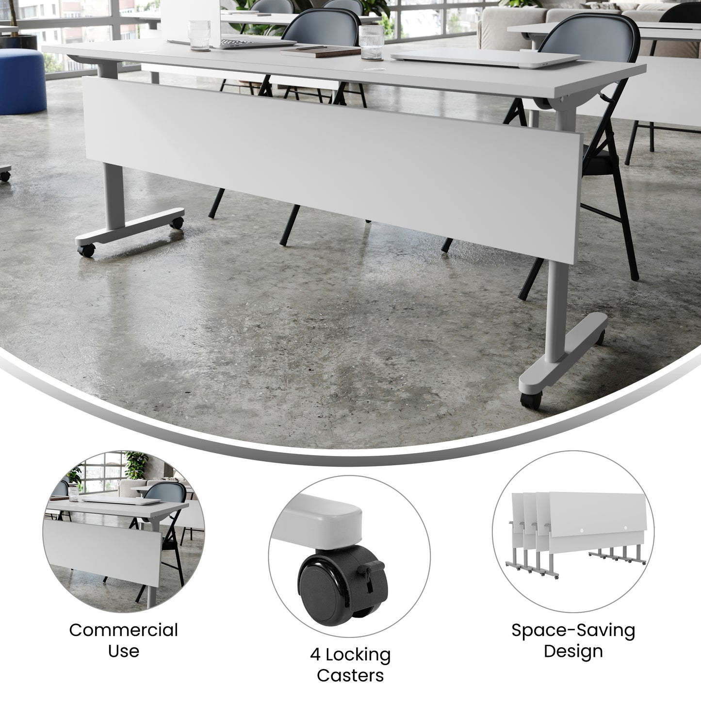 Palmer Commercial Grade 72" x 24" Heavy-Duty Nesting Flip Training Table with T-Legs, Modesty Panel, 1" Thick Gray Tabletop, and Gray Steel Frame Gray Top/Gray Frame