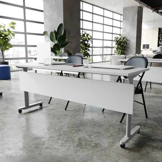 Palmer Commercial Grade 72" x 24" Heavy-Duty Nesting Flip Training Table with T-Legs, Modesty Panel, 1" Thick Gray Tabletop, and Gray Steel Frame Gray Top/Gray Frame
