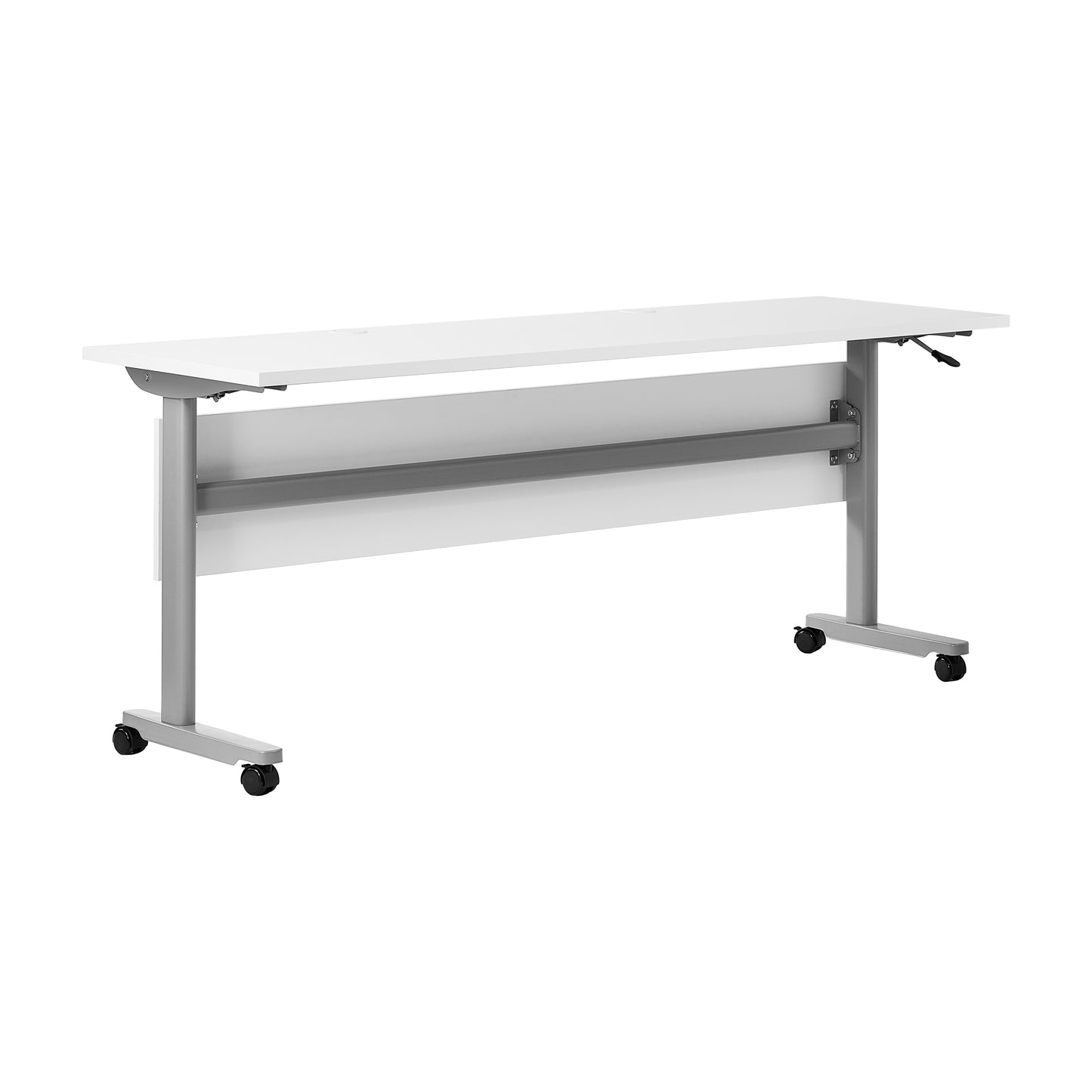 Palmer Commercial Grade 72" x 24" Heavy-Duty Nesting Flip Training Table with T-Legs, Modesty Panel, 1" Thick White Tabletop, and Gray Steel Frame White Top/Gray Frame