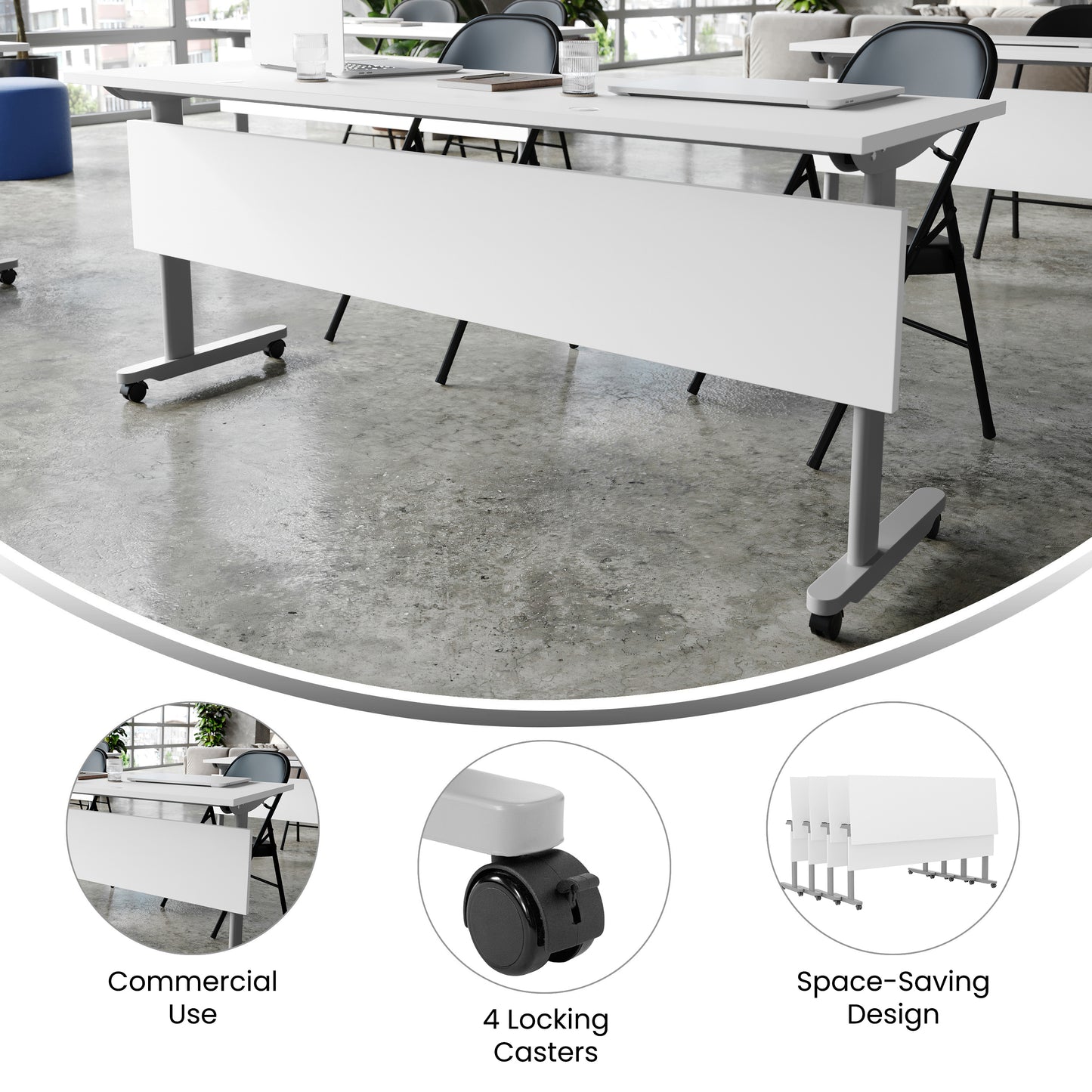 Palmer Commercial Grade 72" x 24" Heavy-Duty Nesting Flip Training Table with T-Legs, Modesty Panel, 1" Thick White Tabletop, and Gray Steel Frame White Top/Gray Frame