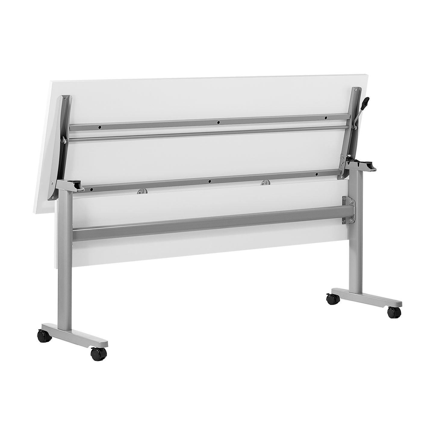 Palmer Commercial Grade 72" x 24" Heavy-Duty Nesting Flip Training Table with T-Legs, Modesty Panel, 1" Thick White Tabletop, and Gray Steel Frame White Top/Gray Frame