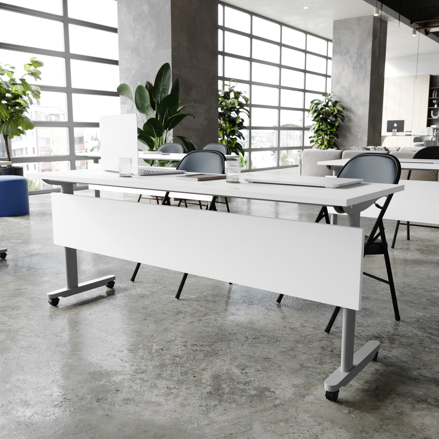 Palmer Commercial Grade 72" x 24" Heavy-Duty Nesting Flip Training Table with T-Legs, Modesty Panel, 1" Thick White Tabletop, and Gray Steel Frame White Top/Gray Frame