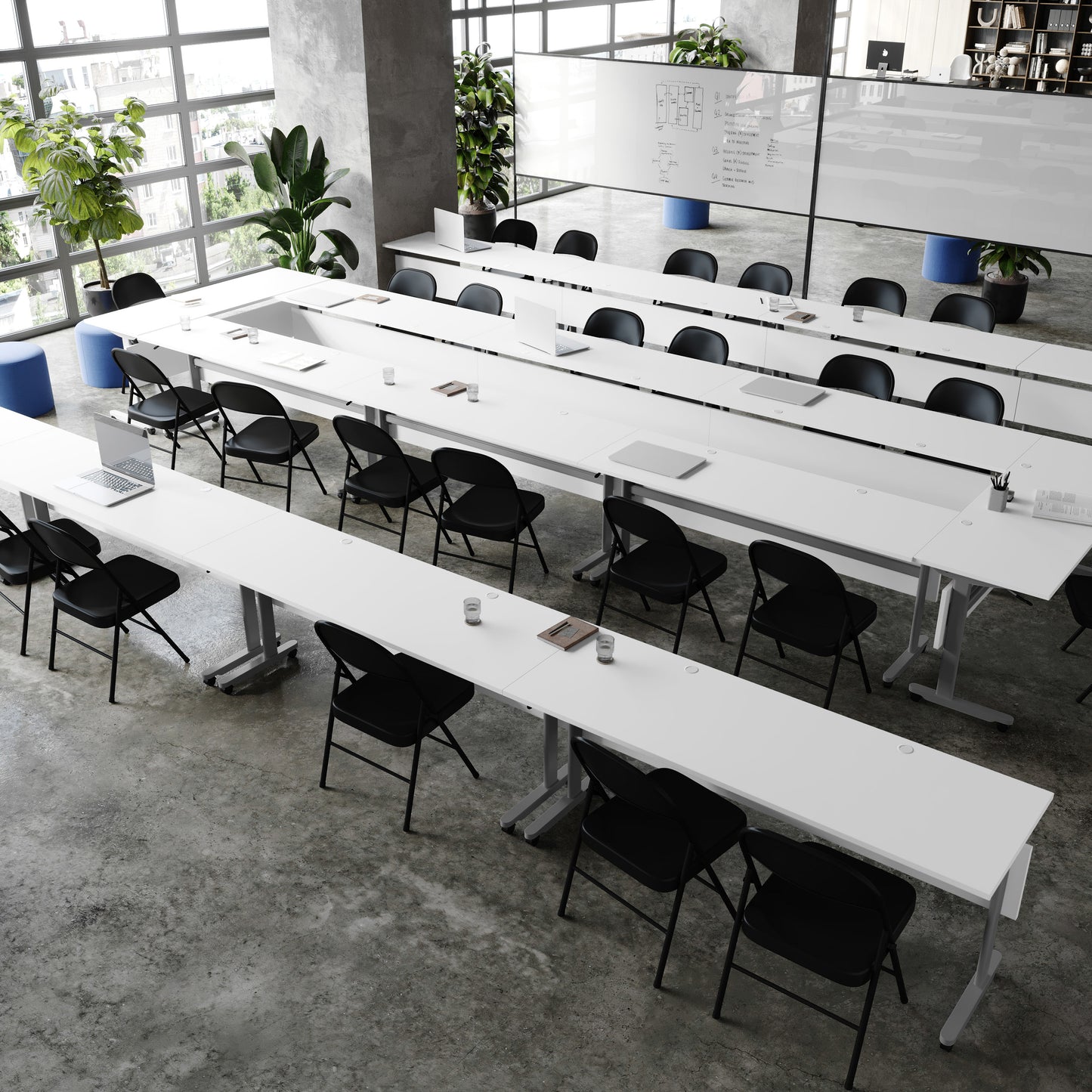 Palmer Commercial Grade 72" x 24" Heavy-Duty Nesting Flip Training Table with T-Legs, Modesty Panel, 1" Thick White Tabletop, and Gray Steel Frame White Top/Gray Frame