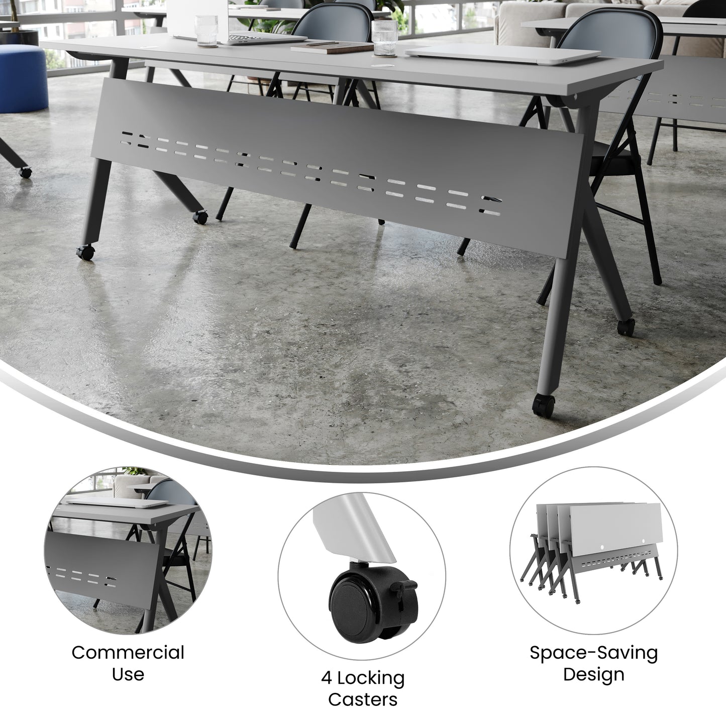 Davis Commercial Grade 72" x 24" Heavy-Duty Nesting Flip Training Table with Y-Legs, Modesty Panel, 1" Thick Gray Tabletop, and Gray Steel Frame Gray Top/Gray Frame