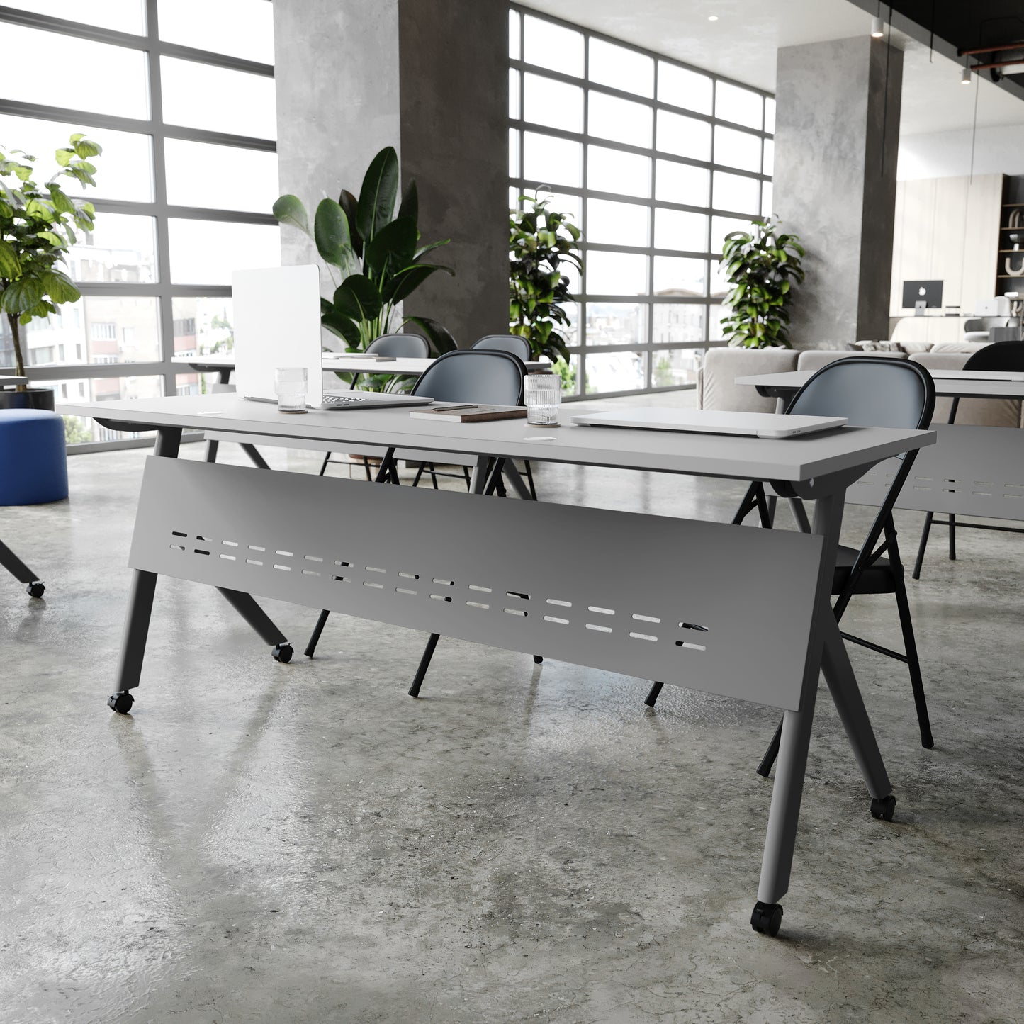 Davis Commercial Grade 72" x 24" Heavy-Duty Nesting Flip Training Table with Y-Legs, Modesty Panel, 1" Thick Gray Tabletop, and Gray Steel Frame Gray Top/Gray Frame