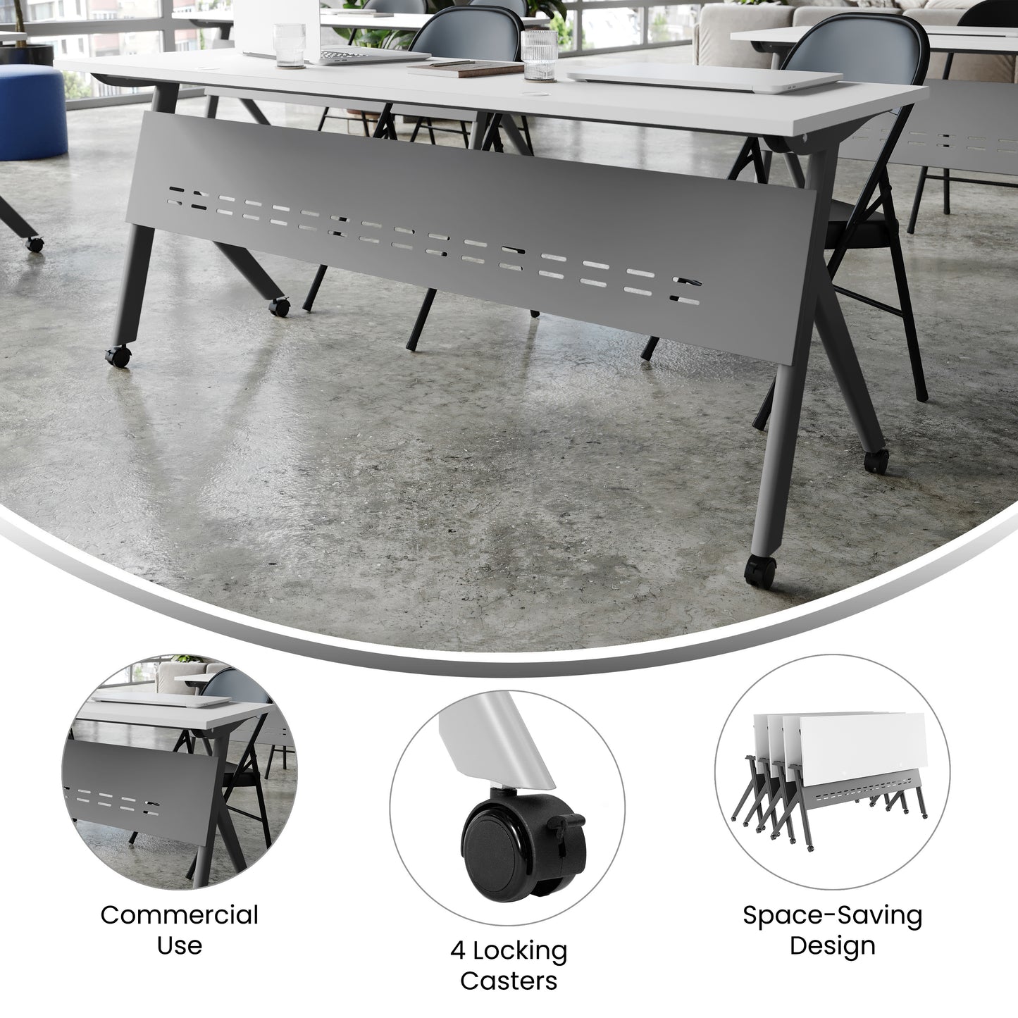 Davis Commercial Grade 72" x 24" Heavy-Duty Nesting Flip Training Table with Y-Legs, Modesty Panel, 1" Thick White Tabletop, and Gray Steel Frame White Top/Gray Frame