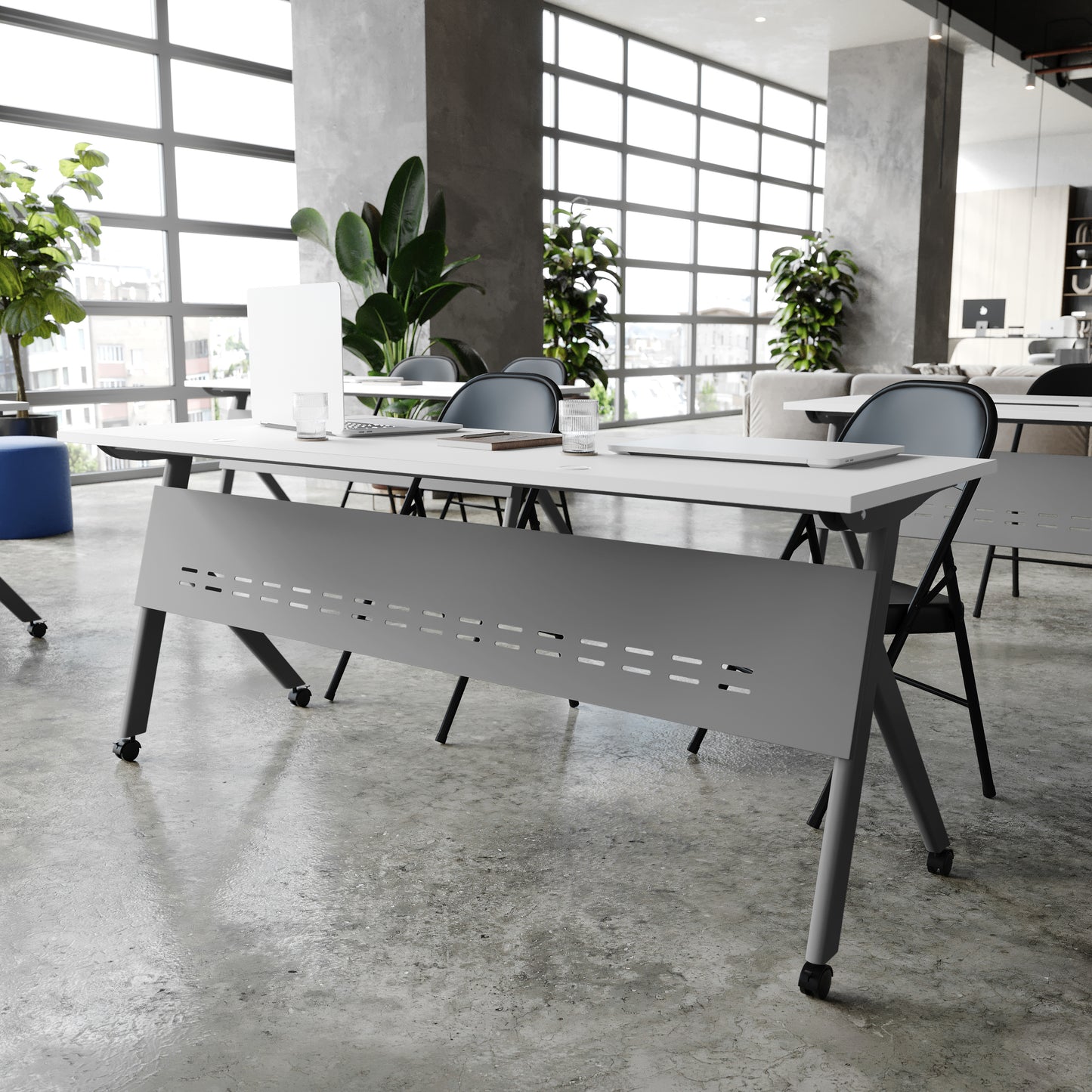 Davis Commercial Grade 72" x 24" Heavy-Duty Nesting Flip Training Table with Y-Legs, Modesty Panel, 1" Thick White Tabletop, and Gray Steel Frame White Top/Gray Frame