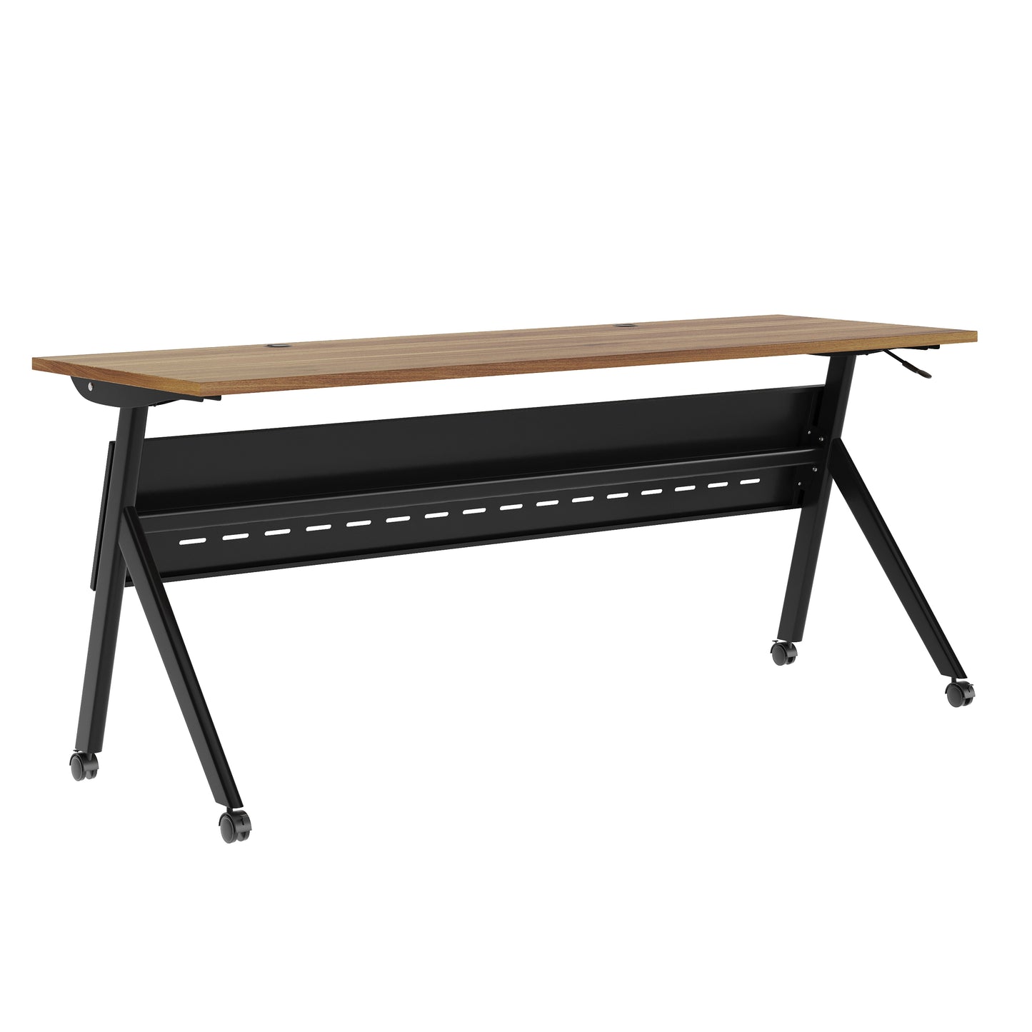 Davis Commercial Grade 72" x 24" Heavy-Duty Nesting Flip Training Table with Y-Legs, Modesty Panel, 1" Thick Walnut Tabletop, and Black Steel Frame Walnut Top/Black Frame