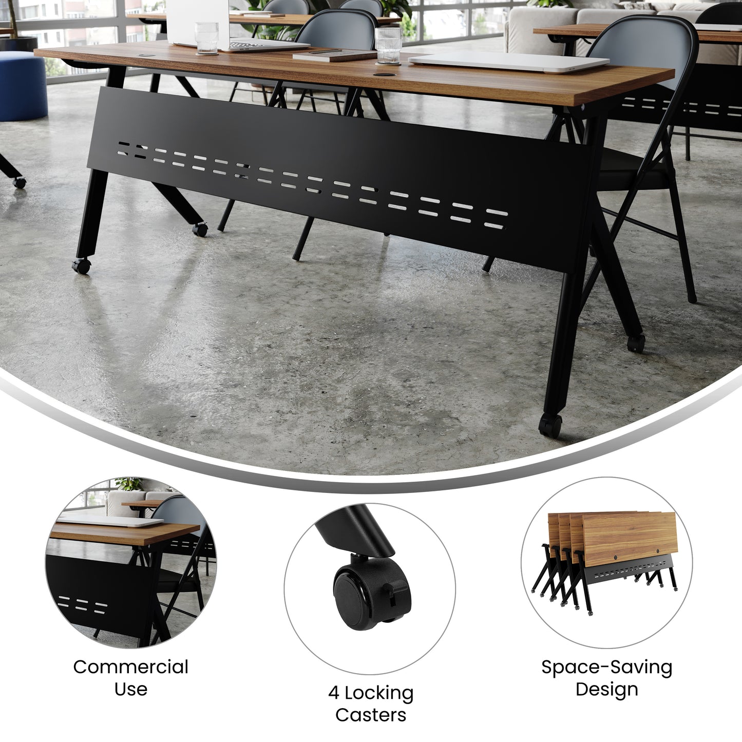 Davis Commercial Grade 72" x 24" Heavy-Duty Nesting Flip Training Table with Y-Legs, Modesty Panel, 1" Thick Walnut Tabletop, and Black Steel Frame Walnut Top/Black Frame