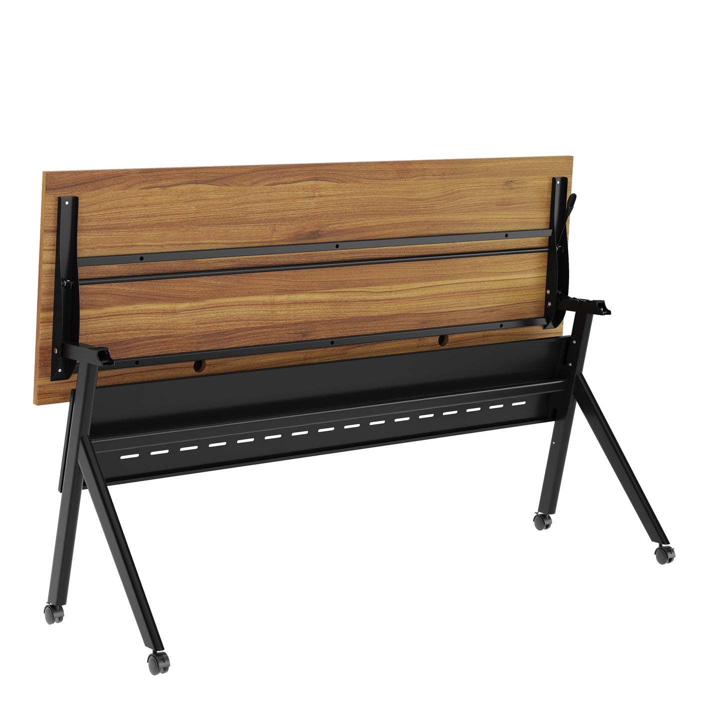 Davis Commercial Grade 72" x 24" Heavy-Duty Nesting Flip Training Table with Y-Legs, Modesty Panel, 1" Thick Walnut Tabletop, and Black Steel Frame Walnut Top/Black Frame