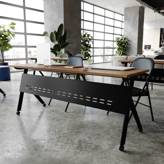 Davis Commercial Grade 72" x 24" Heavy-Duty Nesting Flip Training Table with Y-Legs, Modesty Panel, 1" Thick Walnut Tabletop, and Black Steel Frame Walnut Top/Black Frame