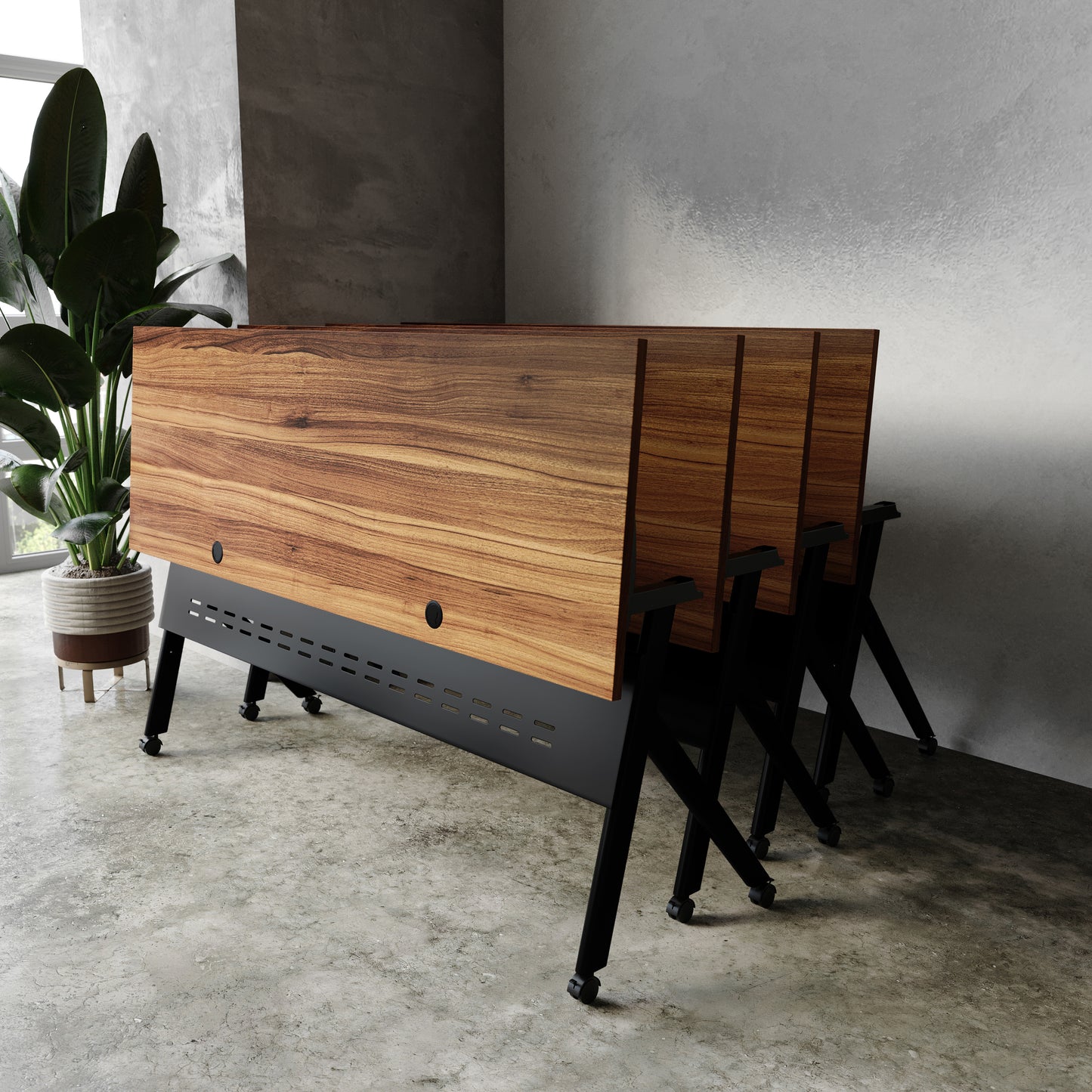 Davis Commercial Grade 72" x 24" Heavy-Duty Nesting Flip Training Table with Y-Legs, Modesty Panel, 1" Thick Walnut Tabletop, and Black Steel Frame Walnut Top/Black Frame