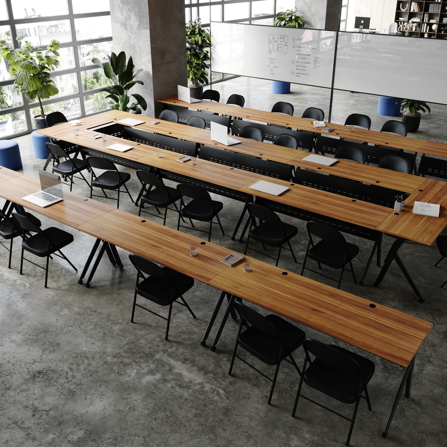 Davis Commercial Grade 72" x 24" Heavy-Duty Nesting Flip Training Table with Y-Legs, Modesty Panel, 1" Thick Walnut Tabletop, and Black Steel Frame Walnut Top/Black Frame