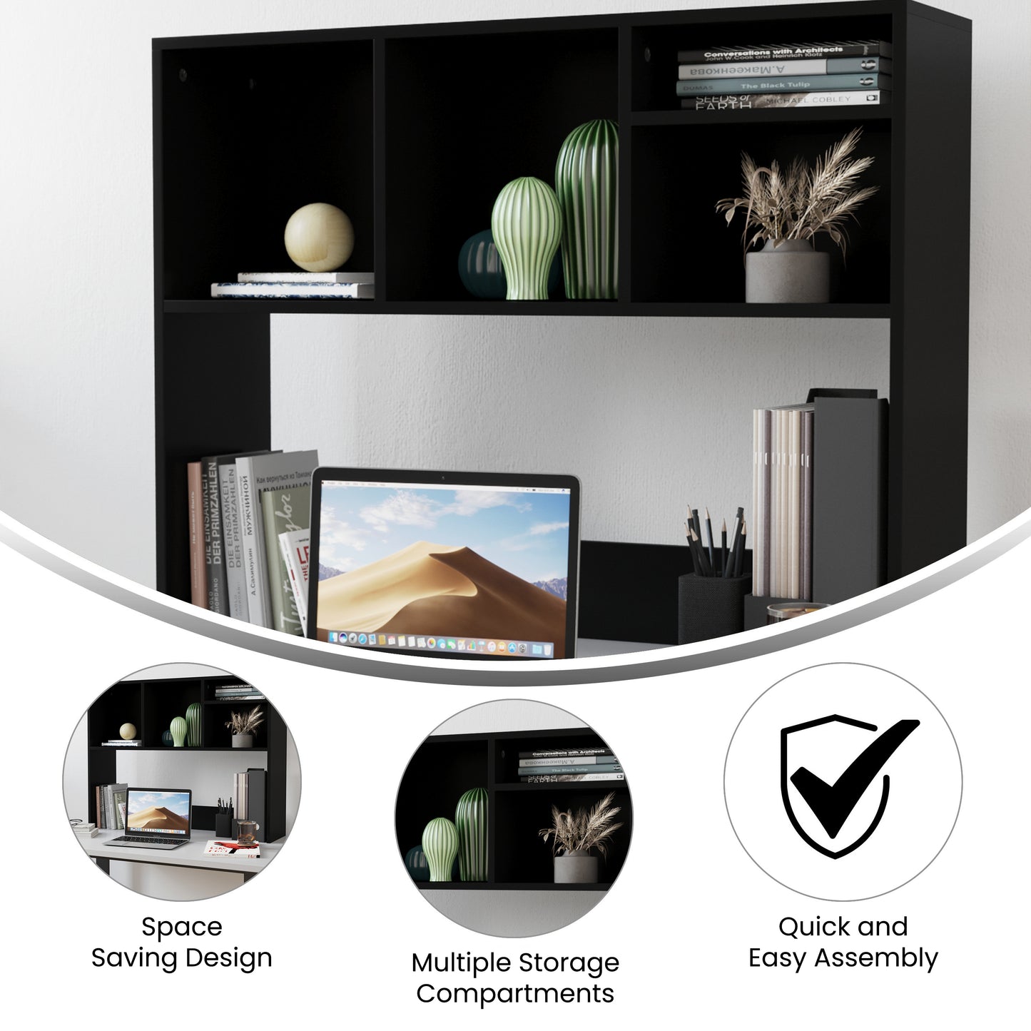 Lotus Desktop Bookshelf Storage Organizer with Multiple Cubbies in Black Black