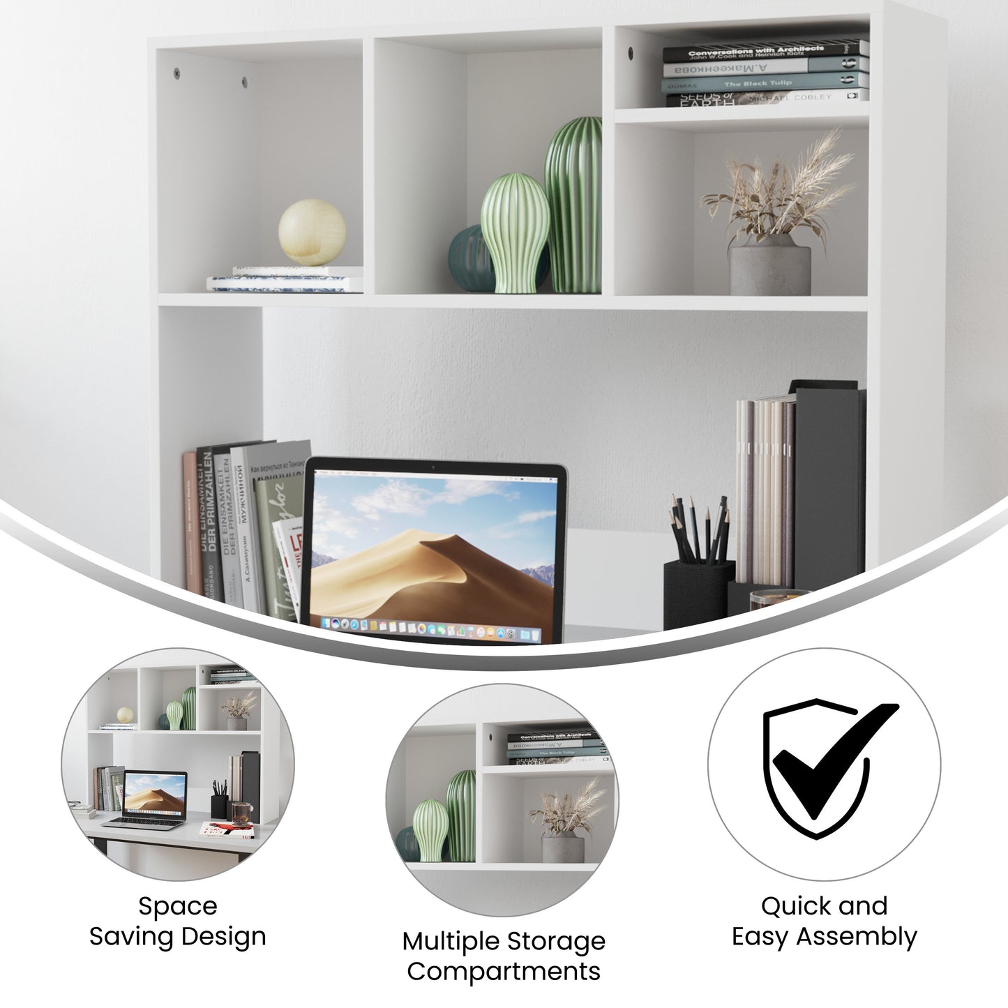 Lotus Desktop Bookshelf Storage Organizer with Multiple Cubbies in White White