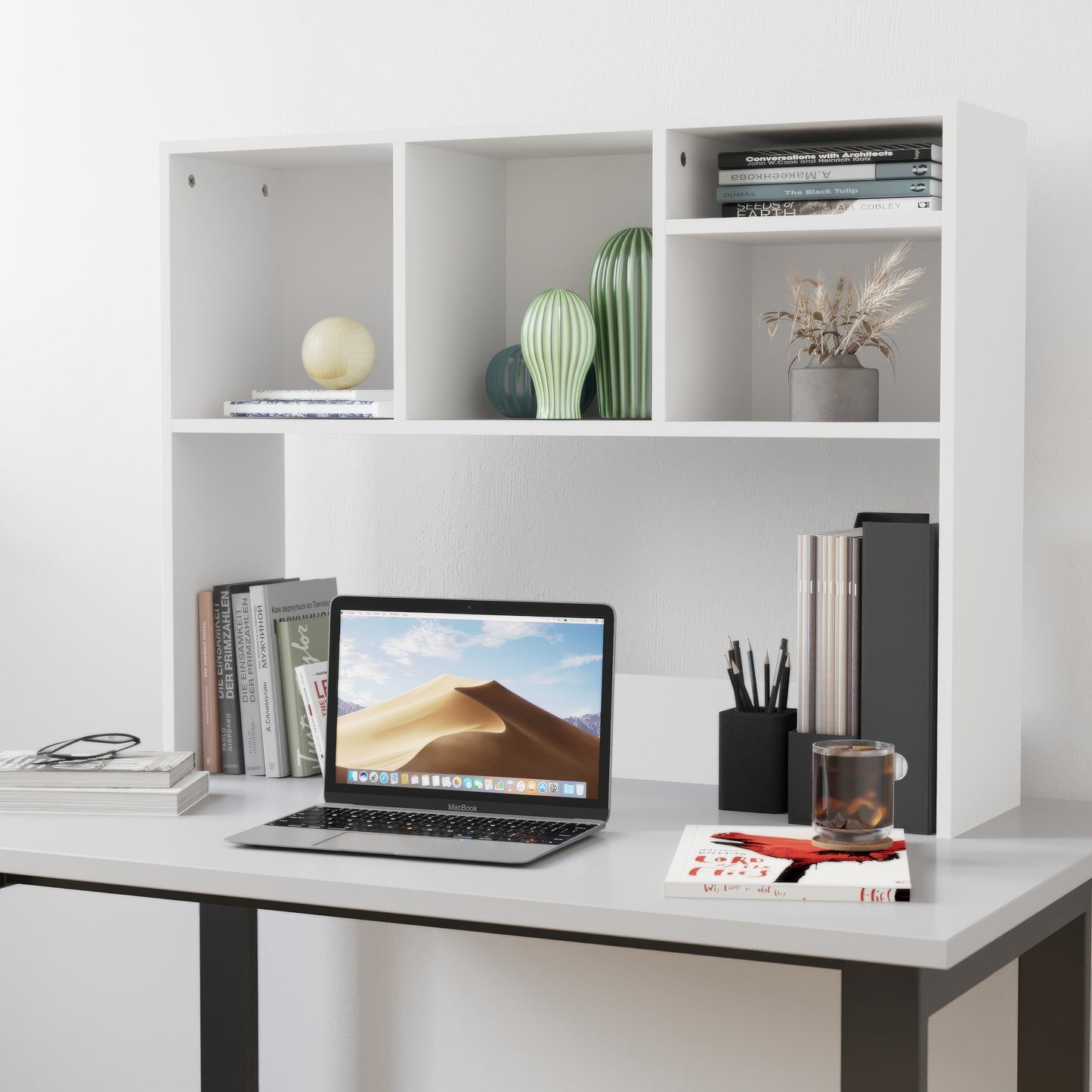 Lotus Desktop Bookshelf Storage Organizer with Multiple Cubbies in White White