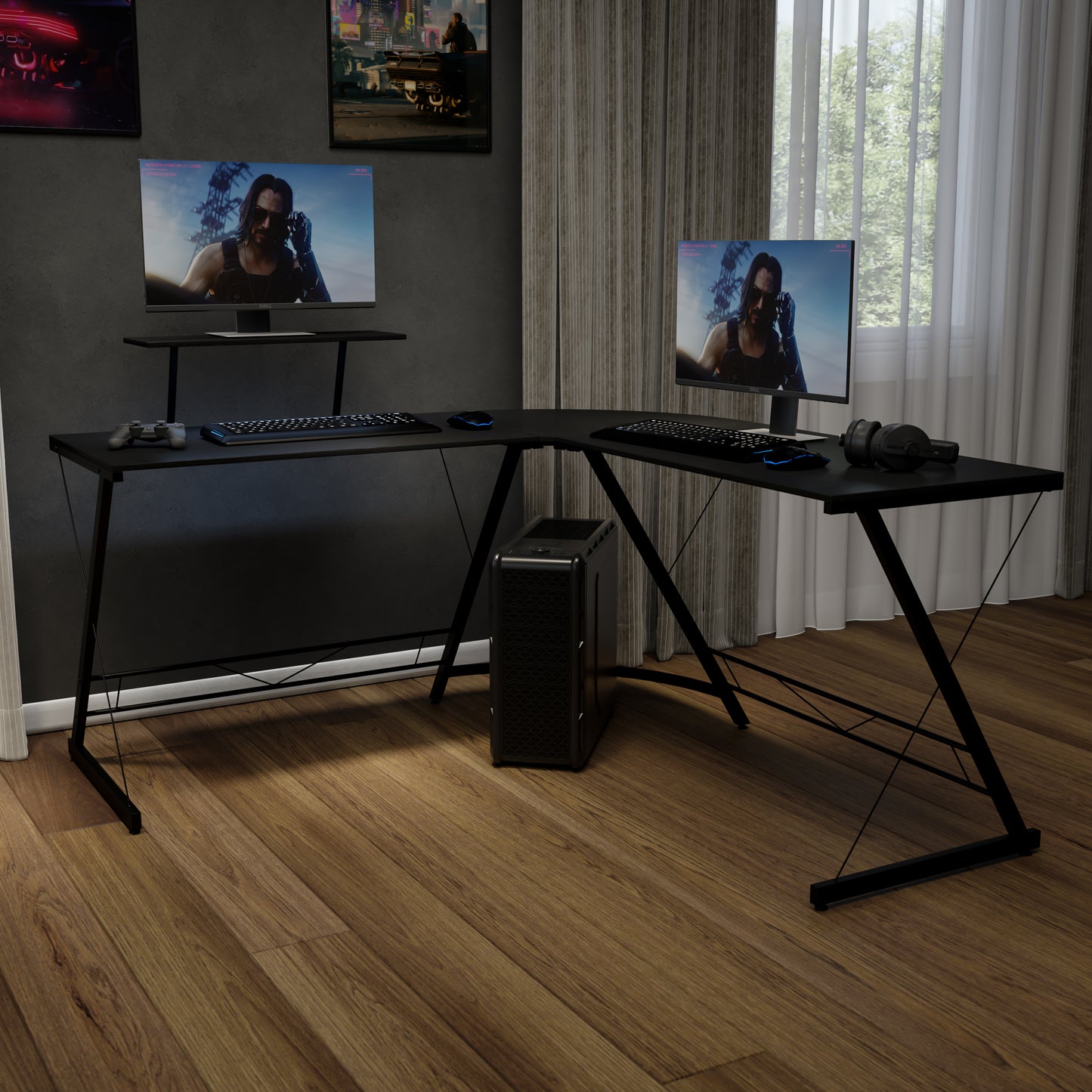 Ginny L-Shaped Desk 71.5" Computer Corner Desk, Home Office Corner Desk, Gaming Desk, Space Saving, Easy to Assemble, Black/Black Black Top/Black Frame