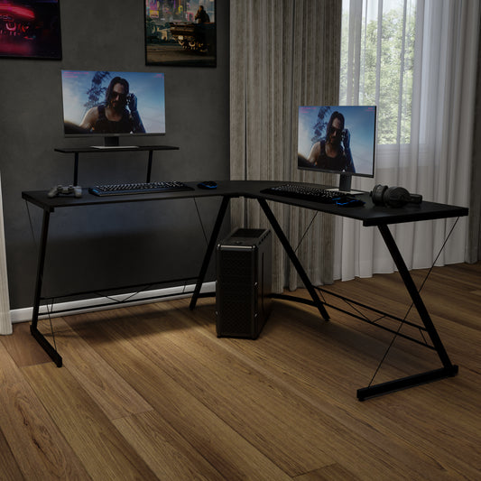Ginny L-Shaped Desk 71.5" Computer Corner Desk, Home Office Corner Desk, Gaming Desk, Space Saving, Easy to Assemble, Black/Black Black Top/Black Frame