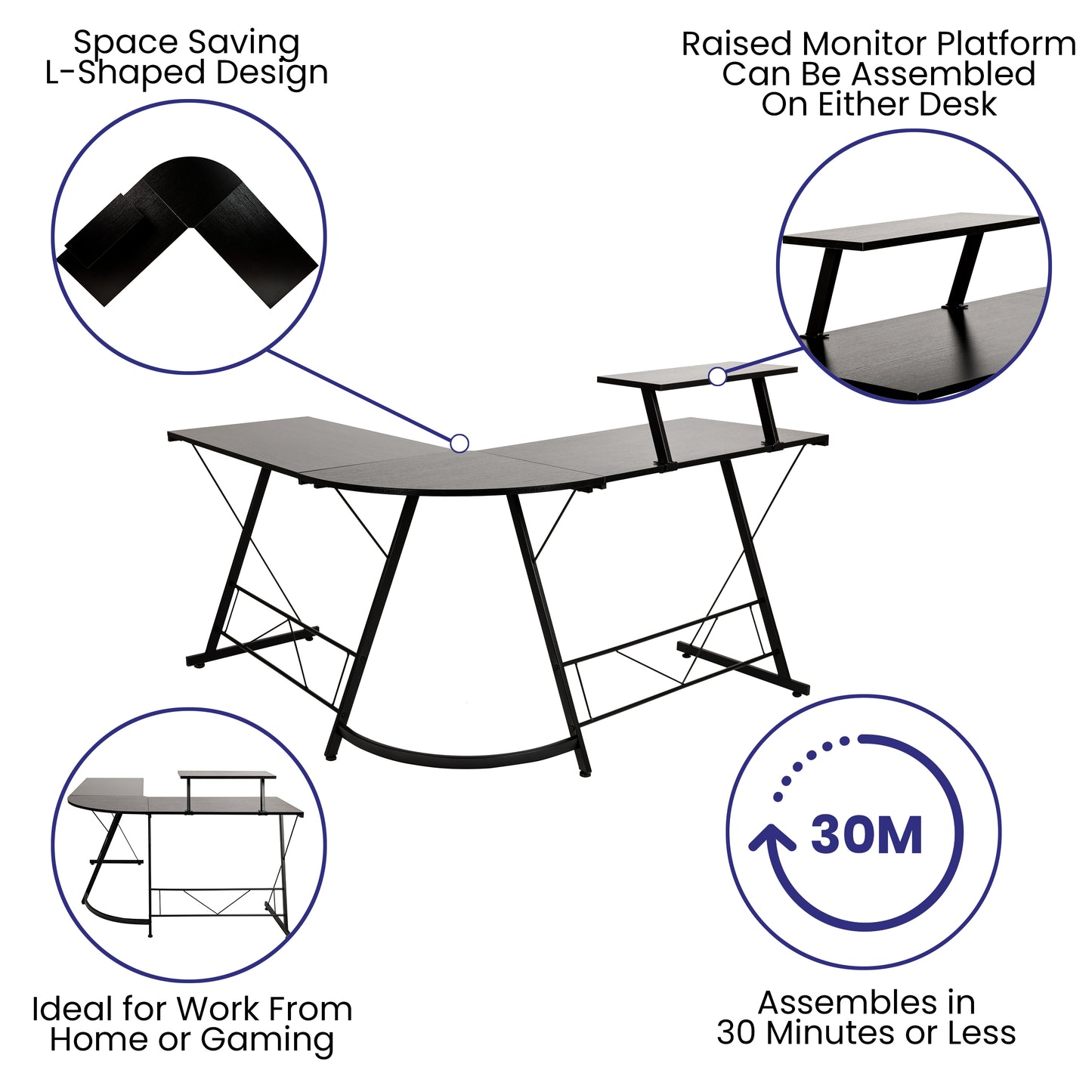 Ginny L-Shaped Desk 71.5" Computer Corner Desk, Home Office Corner Desk, Gaming Desk, Space Saving, Easy to Assemble, Black/Black Black Top/Black Frame