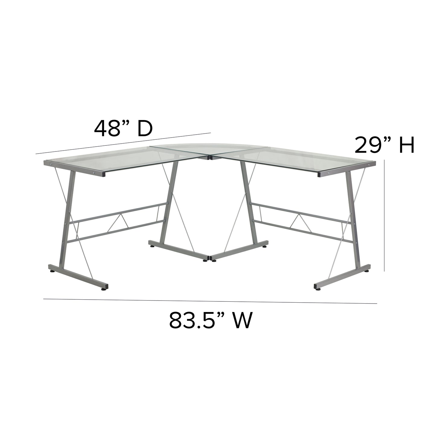 Ginny L-Shaped Desk 83.5" Computer Corner Desk, Gaming Corner Desk, Home Office Corner Desk, Gaming Desk, Easy to Assemble, Clear Clear Top/Silver Frame