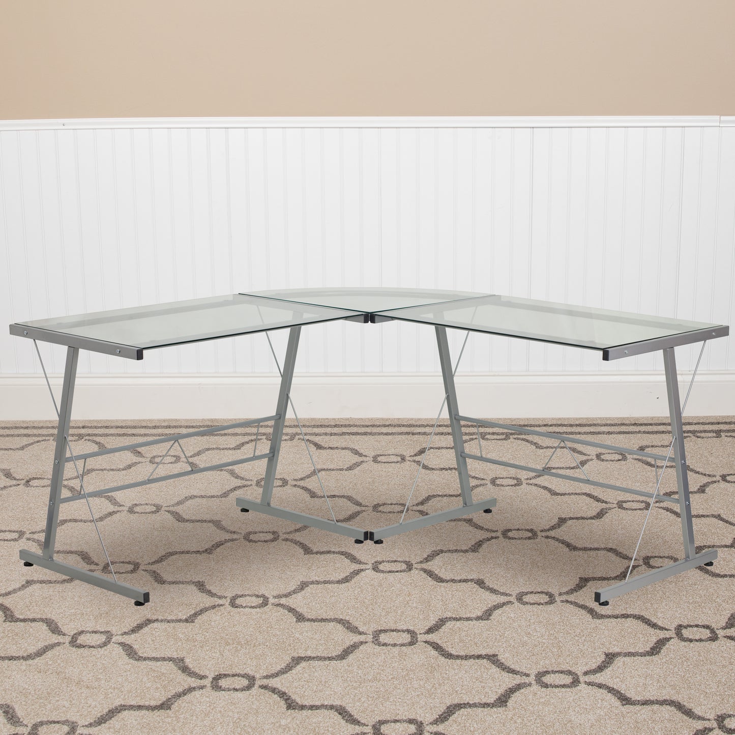 Ginny L-Shaped Desk 83.5" Computer Corner Desk, Gaming Corner Desk, Home Office Corner Desk, Gaming Desk, Easy to Assemble, Clear Clear Top/Silver Frame