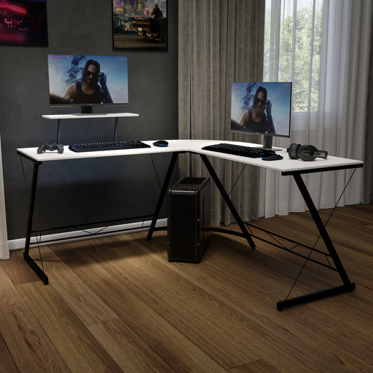 Ginny L-Shaped Desk 71.5" Computer Corner Desk, Home Office Corner Desk, Gaming Desk, Space Saving, Easy to Assemble, White/Black White Top/Black Frame NAN-CD-22181-WH-BK-GG