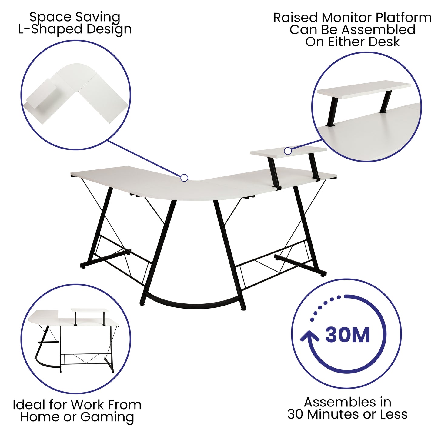 Ginny L-Shaped Desk 71.5" Computer Corner Desk, Home Office Corner Desk, Gaming Desk, Space Saving, Easy to Assemble, White/Black White Top/Black Frame