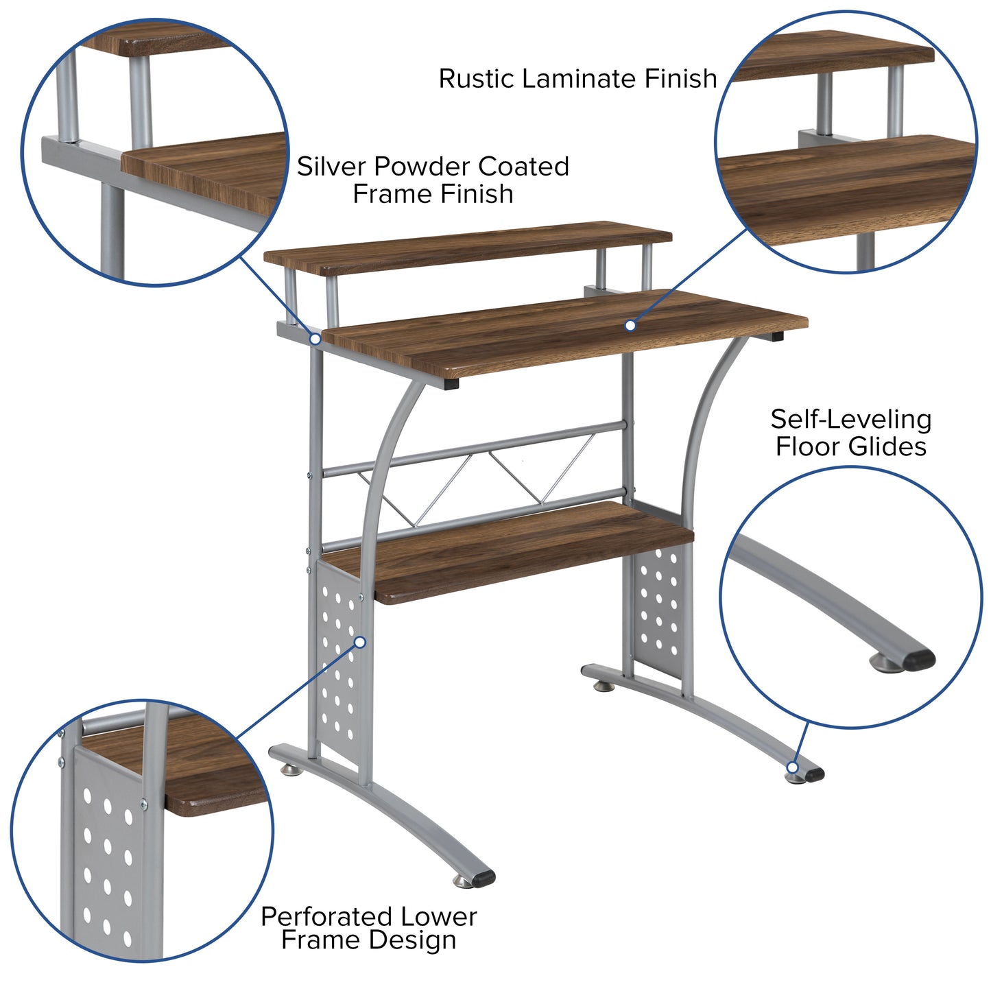 Clifton Rustic Walnut Computer Desk with Top and Lower Storage Shelves Rustic Walnut