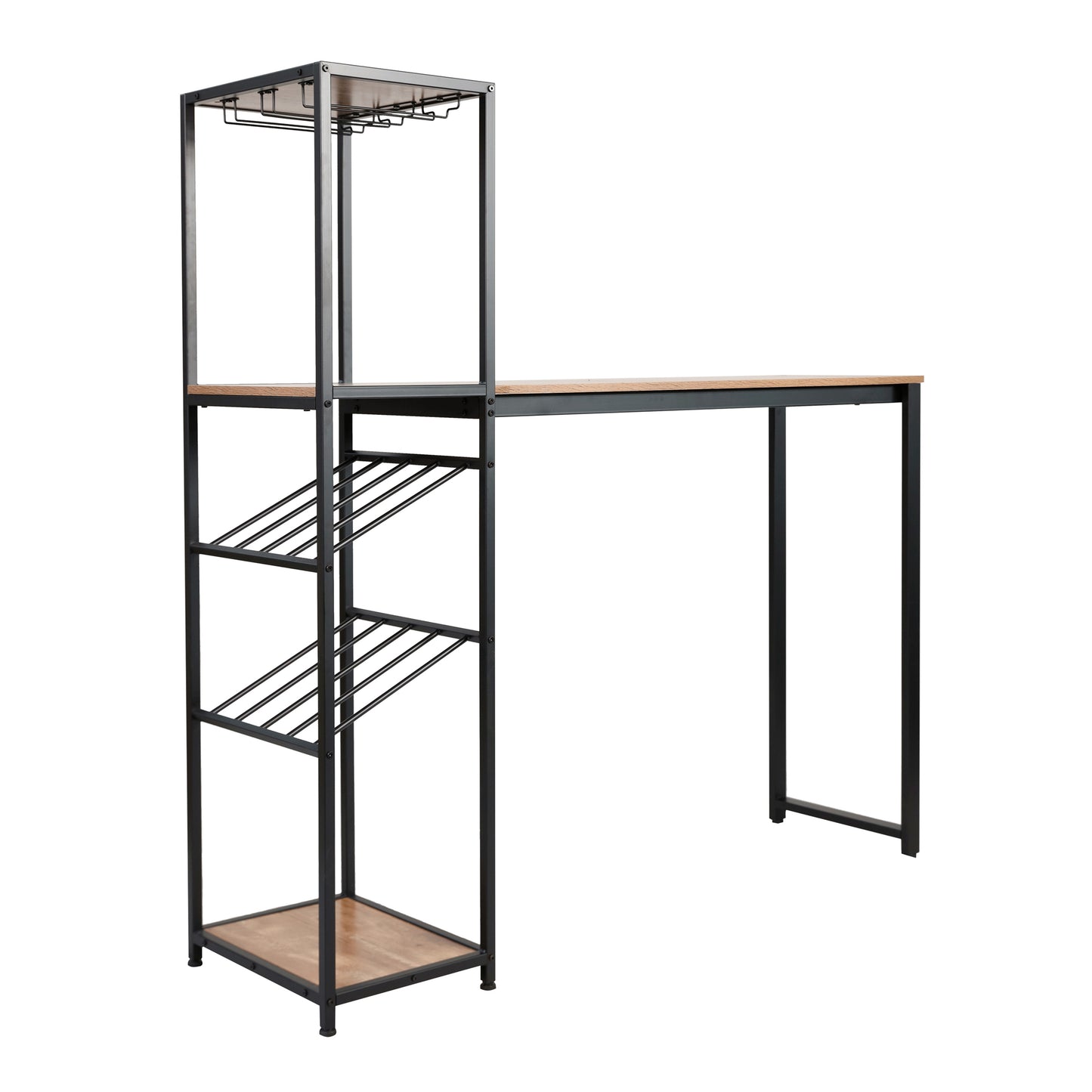 Jura Metal Bar and Wine Table with 2 Slanted Shelves for Bottle Storage and Hanging Glass Storage, Black Frame with Light Brown Melamine Table Top Light Brown Top/Black Frame