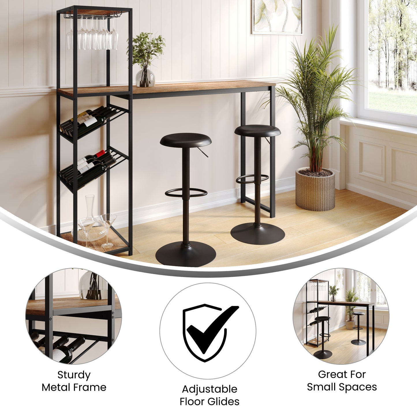 Jura Metal Bar and Wine Table with 2 Slanted Shelves for Bottle Storage and Hanging Glass Storage, Black Frame with Light Brown Melamine Table Top Light Brown Top/Black Frame