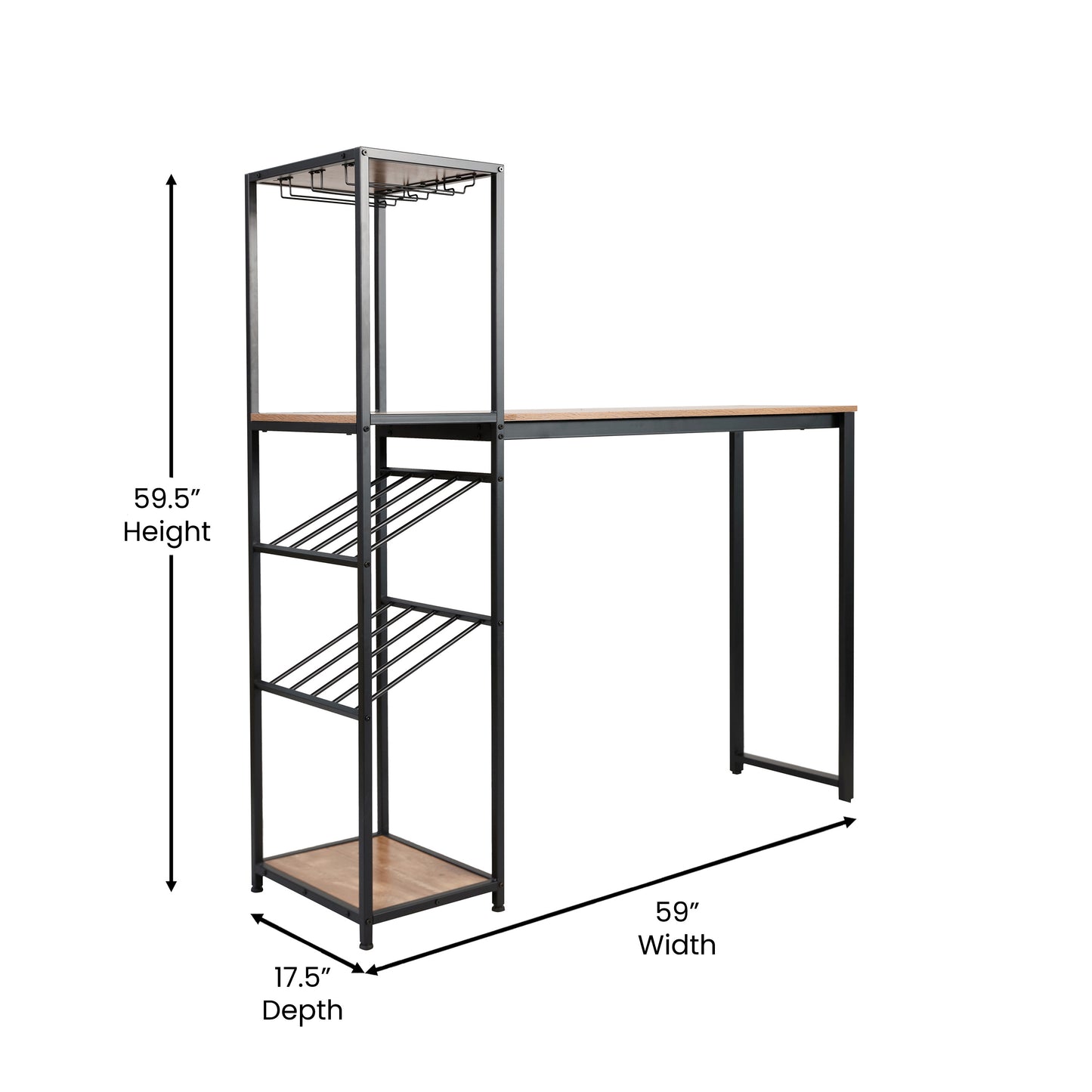 Jura Metal Bar and Wine Table with 2 Slanted Shelves for Bottle Storage and Hanging Glass Storage, Black Frame with Light Brown Melamine Table Top Light Brown Top/Black Frame