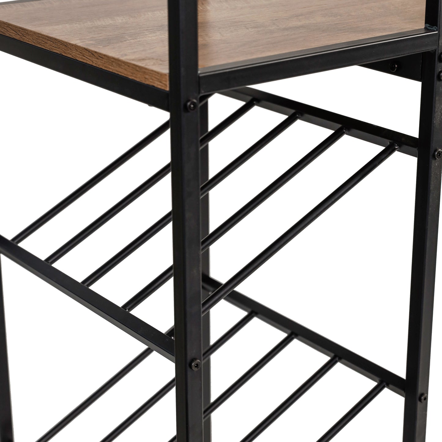 Jura Metal Bar and Wine Table with 2 Slanted Shelves for Bottle Storage and Hanging Glass Storage, Black Frame with Light Brown Melamine Table Top Light Brown Top/Black Frame