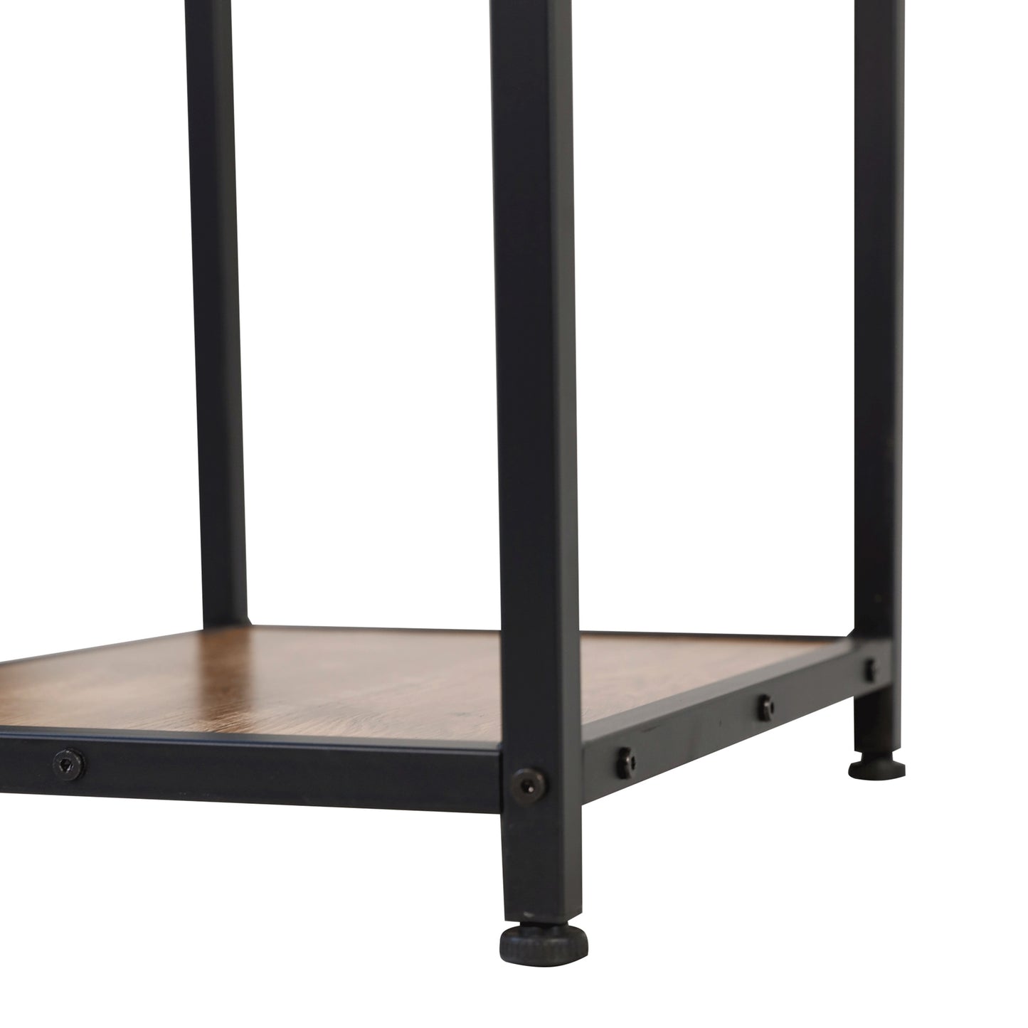 Jura Metal Bar and Wine Table with 2 Slanted Shelves for Bottle Storage and Hanging Glass Storage, Black Frame with Light Brown Melamine Table Top Light Brown Top/Black Frame
